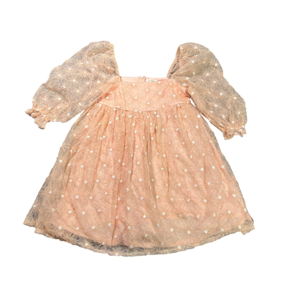 Storia Women's Small Peach Sequin Floral Lovebug Babydoll Mini Dress Puff Sleeve